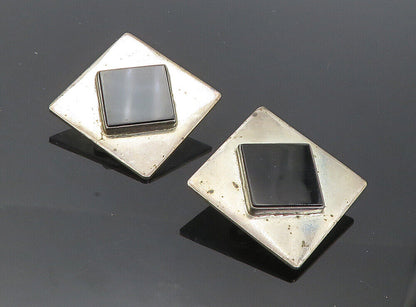 925 Sterling Silver  Vintage Black Onyx Square Non Pierce Earrings  EG4297