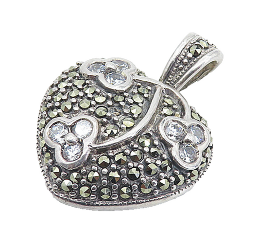 925 Sterling Silver Vintage Cubic Zirconia & Marcasite Heart Pendant PT6155