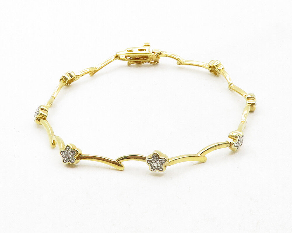 925 Sterling Silver  Genuine Diamonds 2 Tone Floral Bar Chain Bracelet  BT4812
