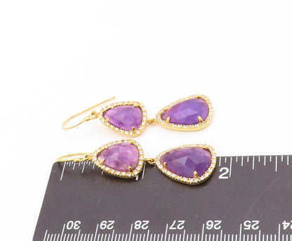 925 Sterling Silver Vintage Earrings Gold Plated Amethyst Halo Sapphire  EG13379