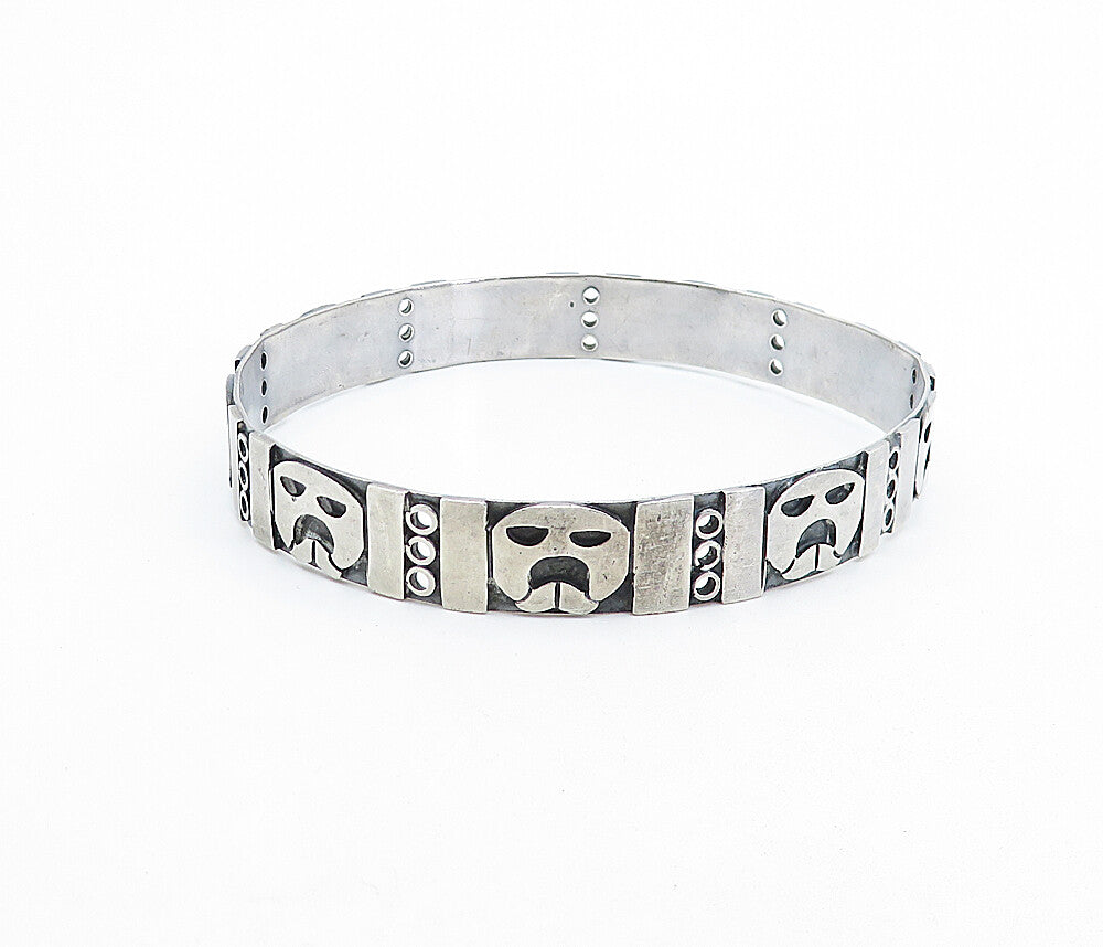 CM MEXICO 925 Sterling Silver Vintage Face Pattern Bangle Bracelet  BT3036