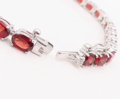 925 Sterling Silver Vintage Bracelet Diamonds & Oval Cut Garnet Band BT10855
