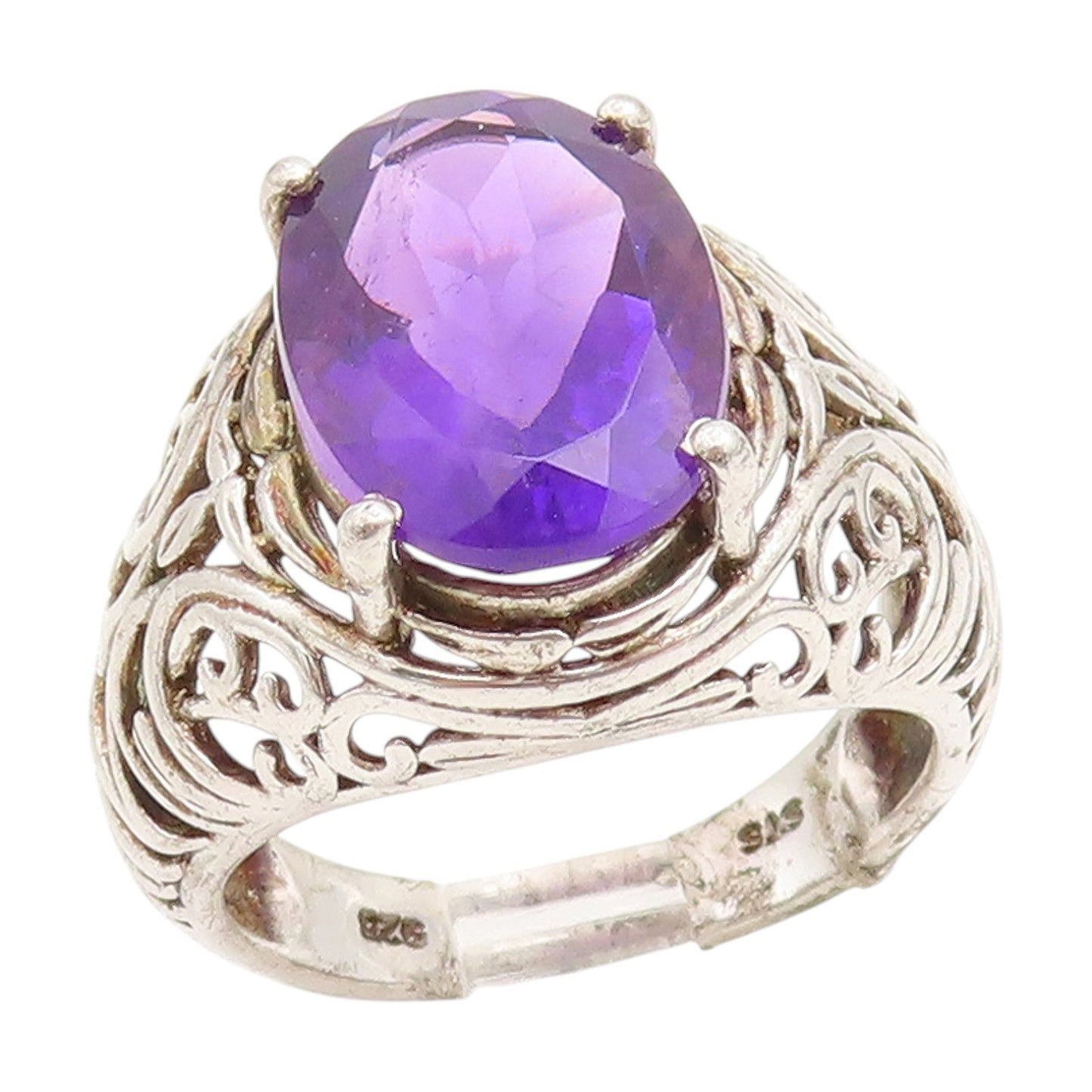 925 Sterling Silver Vintage Ring Amethyst Open Scrollwork Band  Sz 7.5  RG34788