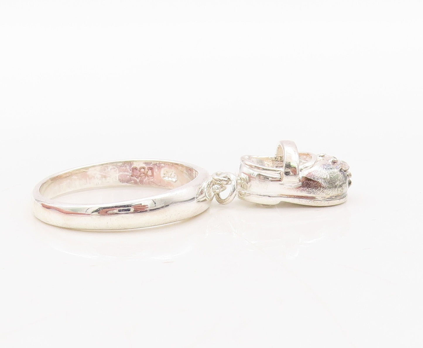 925 Sterling Silver Vintage Ring CZ Inlay Dangling Shoe Charm  Sz 7  RG31117