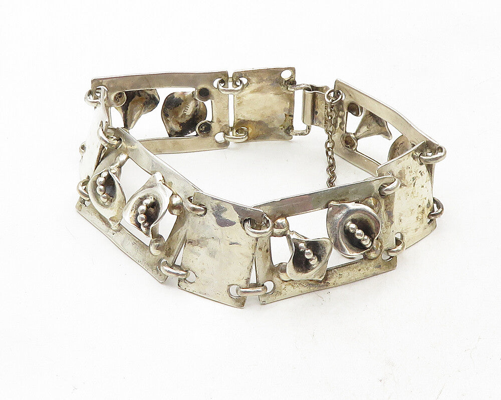 925 Sterling Silver  Vintage Flower Motif Square Link Chain Bracelet  BT4424