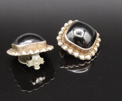 MEXICO 925 Silver  Vintage Beaded Edge Black Onyx Clip Back Earrings  EG12296