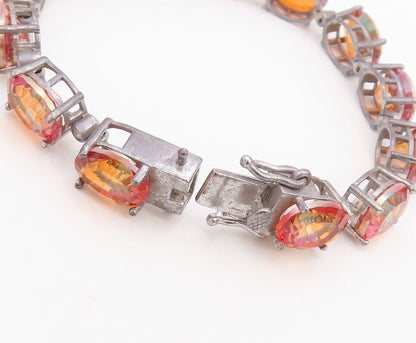 925 Sterling Silver Vintage Bracelet Orange Oval Cut Gemstone & CZ Links BT10751