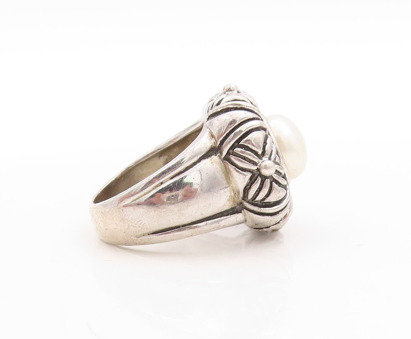 925 Sterling Silver Vintage Ring Floral Design Etched Pearl  Sz 8  RG31431