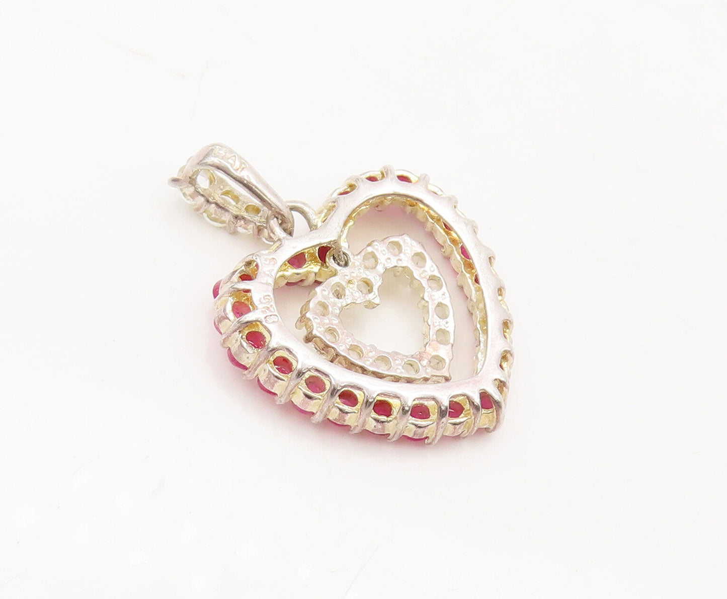 925 Sterling Silver  Vintage Ruby & Topaz Double Love Heart Pendant  PT22412