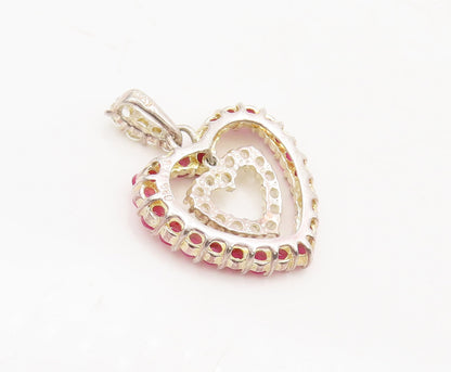 925 Sterling Silver  Vintage Ruby & Topaz Double Love Heart Pendant  PT22412