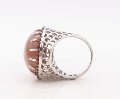 925 Sterling Silver Vintage Ring Large Cabochon Gemstone Halo CZ  Sz 7  RG30828