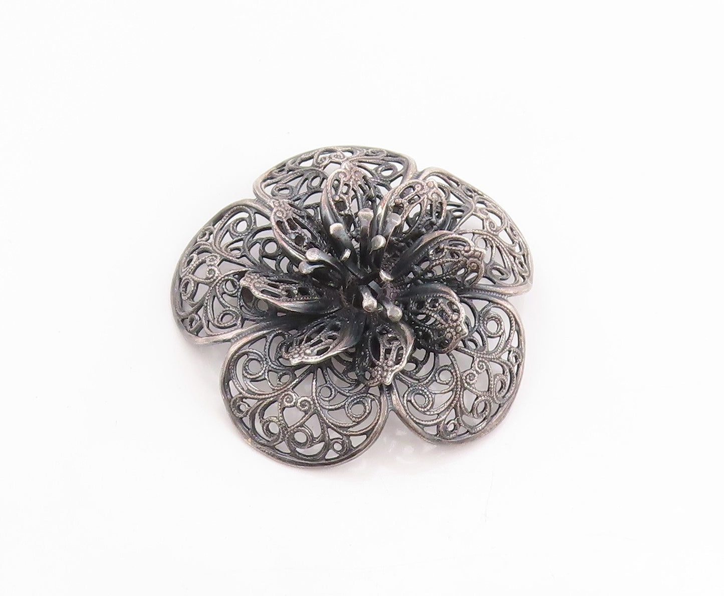 925 Sterling Silver Vintage Brooch Antique Daisy Floral Filigree Design  BP11836