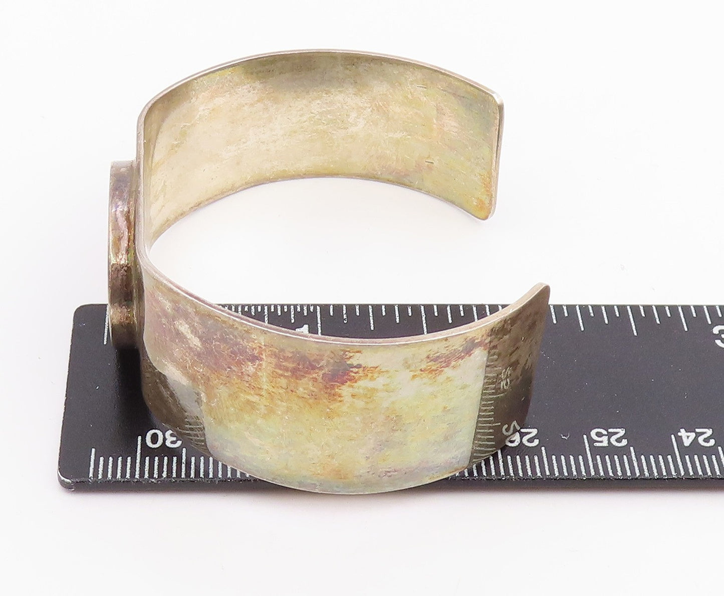 925 Sterling Silver Vintage Bracelet Modernist Cabochon Malachite Cuff  BT11971