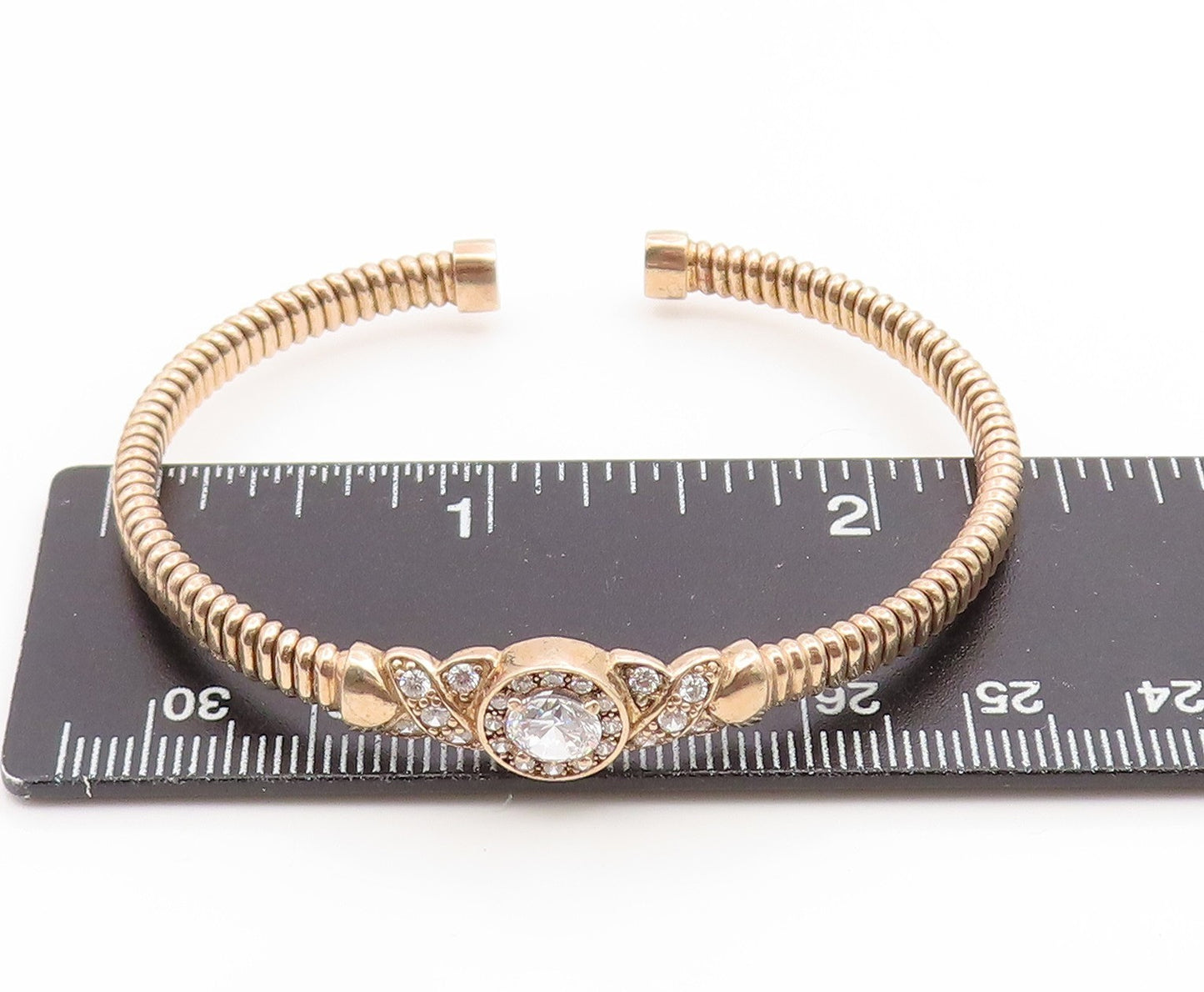 925 Sterling Silver Vintage Bracelet Gold Plated CZ Crossover Swirl Cuff BT11899