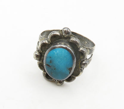 SOUTHWESTERN 925 Sterling Silver Vintage Turquoise Floral Band Ring Sz 8 RG16689