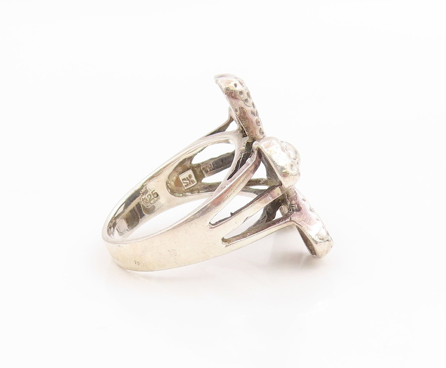 925 Sterling Silver Vintage Ring Classic Textured Floral Petal  Sz 8  RG36025