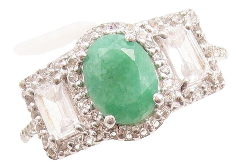 925 Sterling Silver Vintage Ring Real Emerald Inlay Topaz   Sz 7.5  RG30084