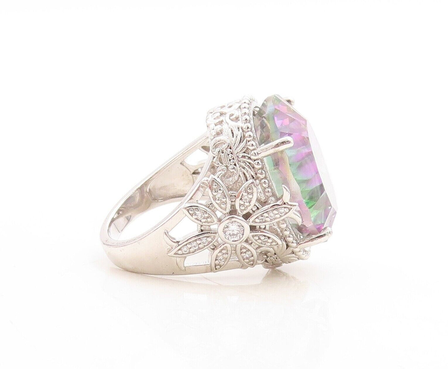 925 Sterling Silver Vintage Ring Floral Carved Oval Mystic Topaz Sz 7.5 RG30087