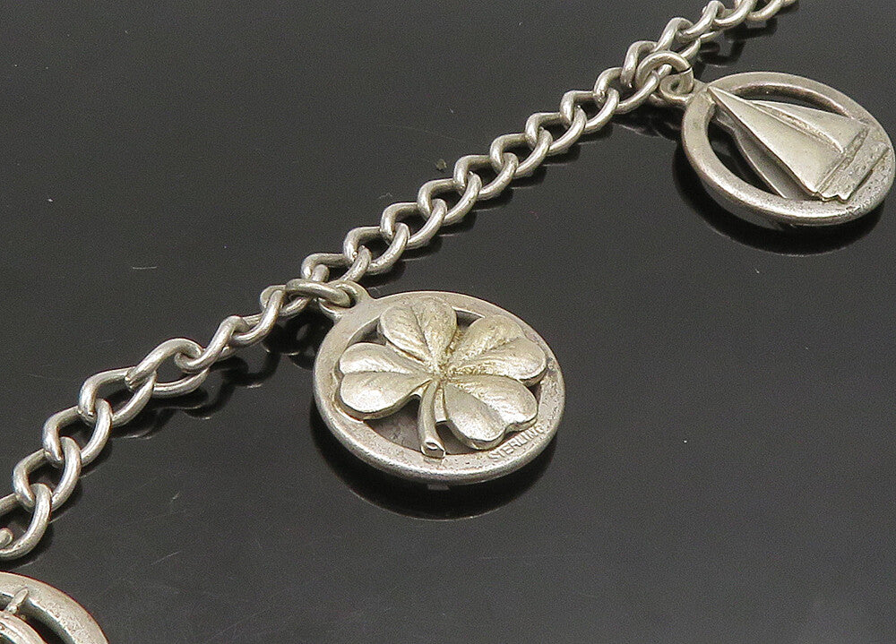 925 Sterling Silver  Vintage Sail Boat Clover Good Luck Charm Bracelet  BT9114