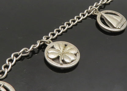 925 Sterling Silver  Vintage Sail Boat Clover Good Luck Charm Bracelet  BT9114