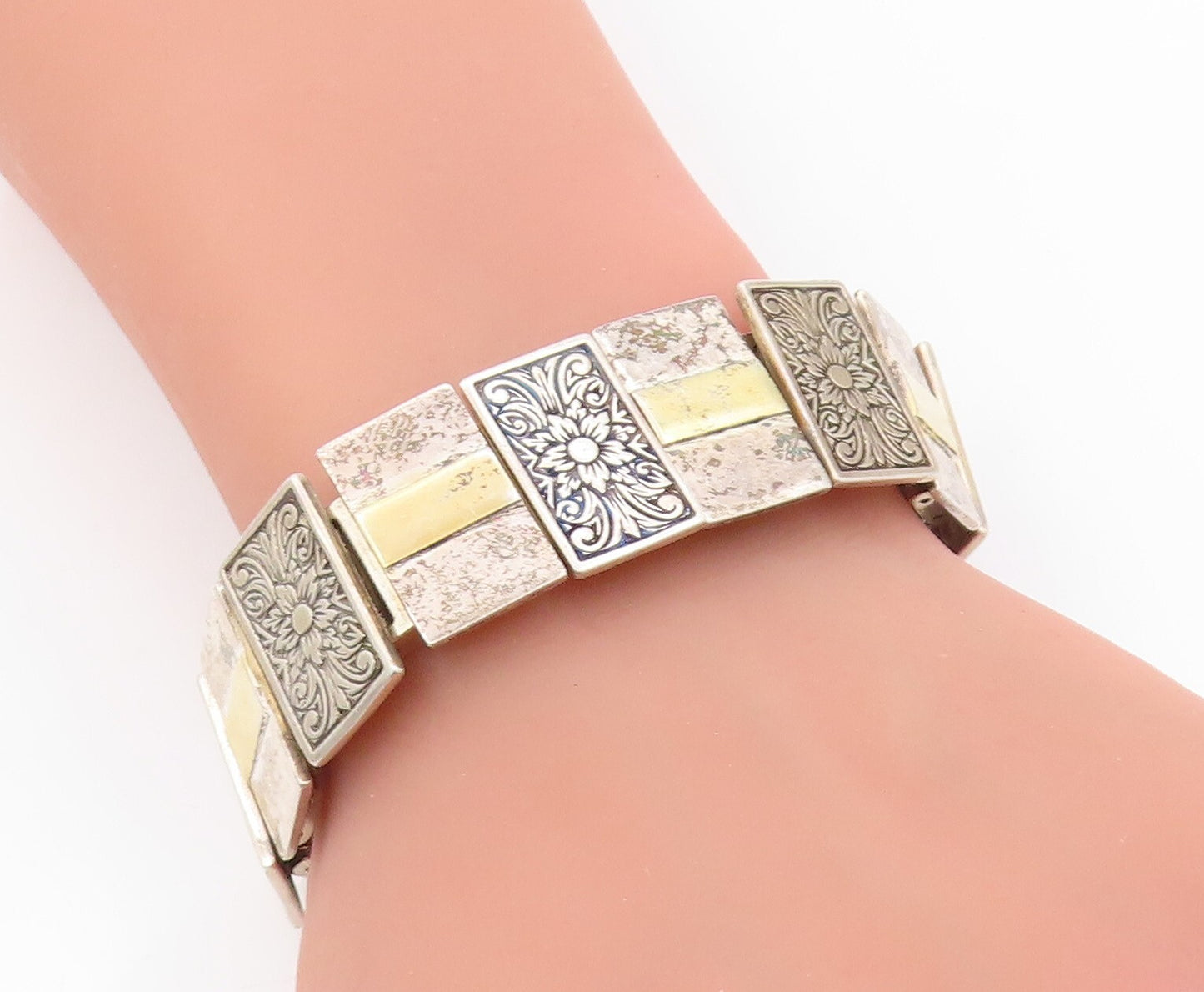 14k Gold 925 Sterling Silver Vintage Bracelet ISRAEL Floral Design  BT11044