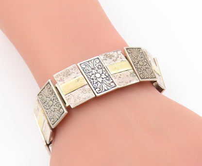 14k Gold 925 Sterling Silver Vintage Bracelet ISRAEL Floral Design  BT11044