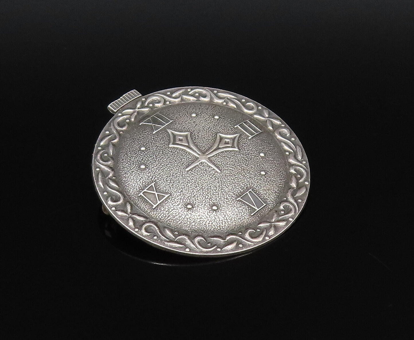 P&B 925 Silver  Vintage Antique Swirl Edge Wall Clock Brooch Pin  BP9977