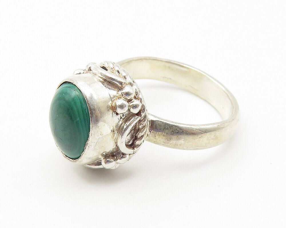 925 Sterling Silver  Vintage Cabochon Cut Malachite Band Ring Sz 5  RG10680