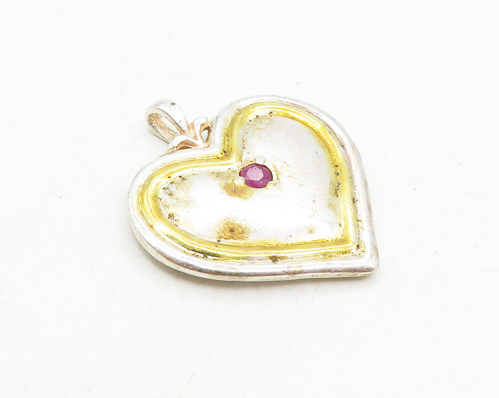 925 Sterling Silver  Vintage Petite Ruby Two Tone Love Heart Pendant  PT7420