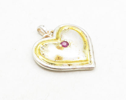 925 Sterling Silver  Vintage Petite Ruby Two Tone Love Heart Pendant  PT7420