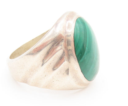 MEXICO 925 Silver  Vintage Scalloped Malachite Signet Ring Sz 10.75  RG26169