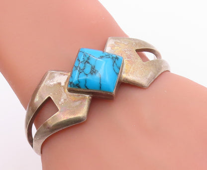 925 Sterling Silver Vintage Bracelet MEXICO Designer Square Turquoise BT11325