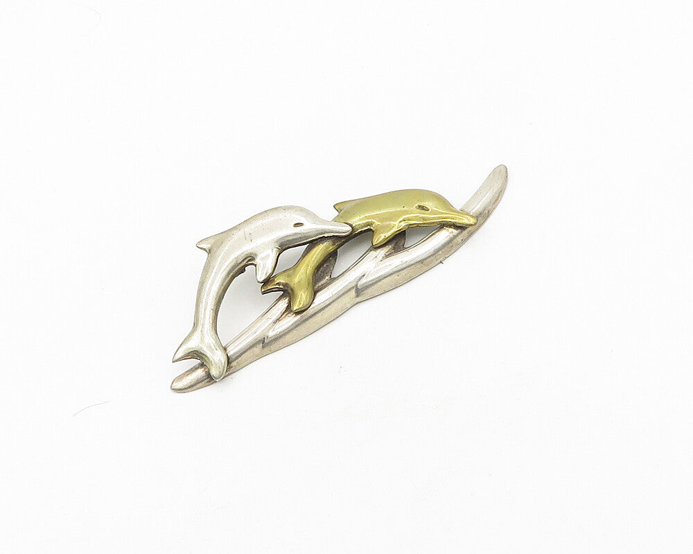 MEXICO 925 Silver  Vintage Shiny Two Tone Leaping Dolphins Brooch Pin  BP7406