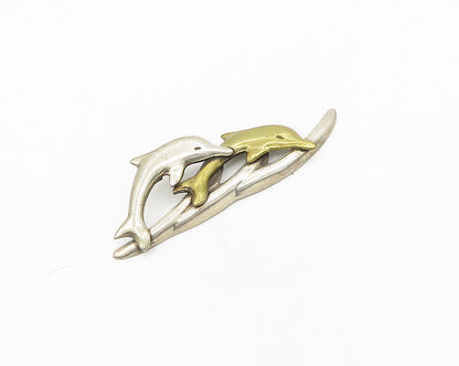 MEXICO 925 Silver  Vintage Shiny Two Tone Leaping Dolphins Brooch Pin  BP7406