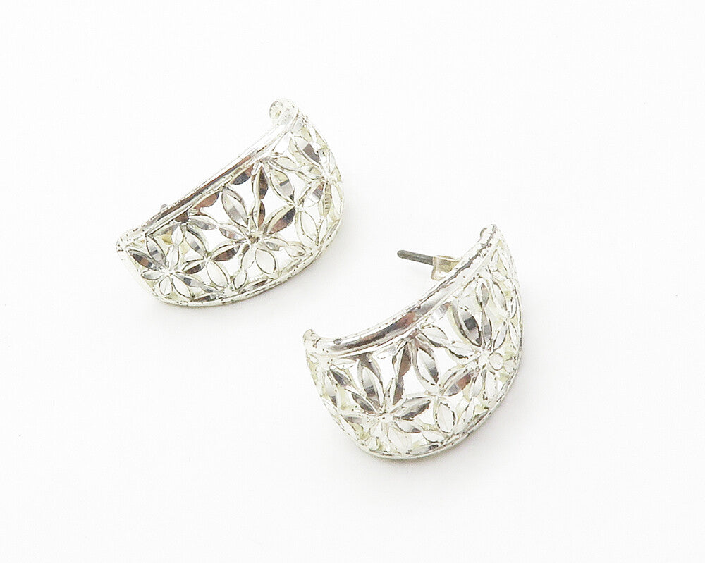 925 Sterling Silver  Vintage Shiny Flower Motif Cutout Drop Earrings  EG7305