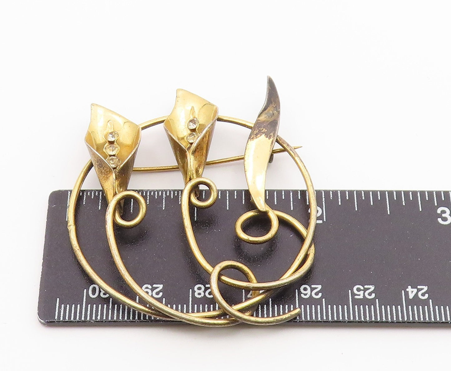 925 Sterling Silver  Vintage Topaz Gold Plated Lily Flowers Brooch Pin  BP6520