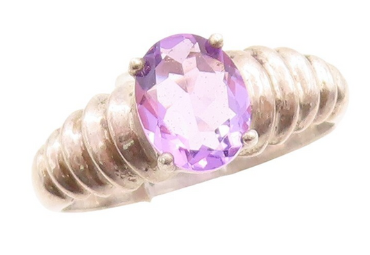 925 Sterling Silver Vintage Ring Dark Tone Grooved Oval Amethyst  Sz 10  RG31541