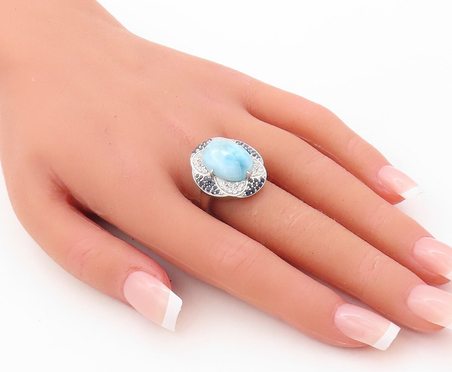 925 Sterling Silver Vintage Ring Larimar Halo Sapphire & Topaz  Sz 7 RG30844
