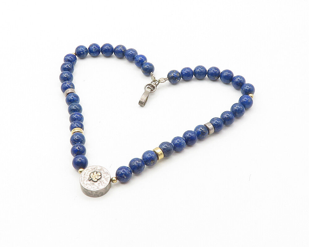 925 Sterling Silver & 14K GOLD  Vintage Lapis Lazuli Beaded Necklace  NE2997