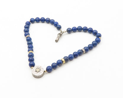 925 Sterling Silver & 14K GOLD  Vintage Lapis Lazuli Beaded Necklace  NE2997