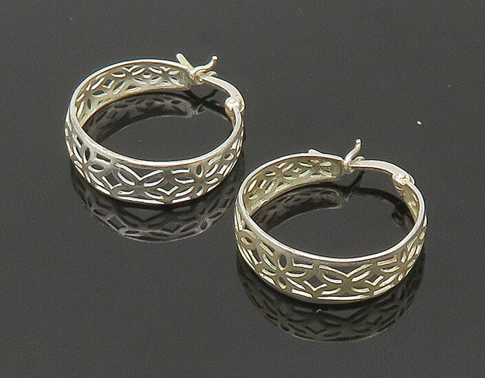 925 Sterling Silver  Vintage Shiny Floral Cutout Round Hoop Earrings  EG10742