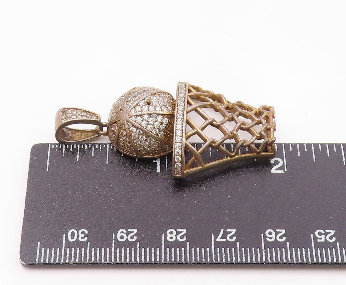 925 Sterling Silver  Vintage Topaz Basketball & Hoop Sports Pendant  PT10131