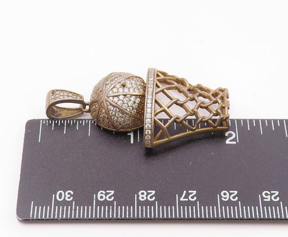 925 Sterling Silver  Vintage Topaz Basketball & Hoop Sports Pendant  PT10131