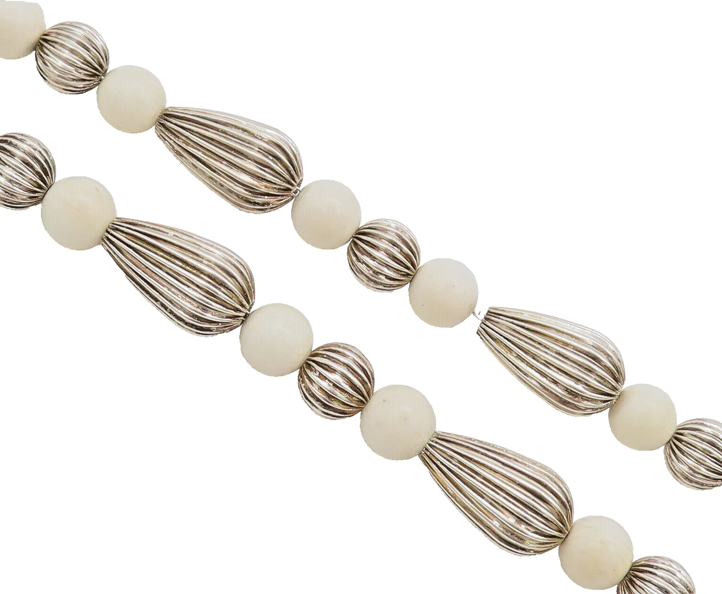 DOBBS 925 Sterling Silver  Vintage Carved & White Beaded Long Necklace  NE4182