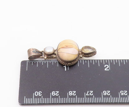 925 Silver  Vintage Multi Shape Jasper Citrine & Pearl Drop Pendant  PT21912