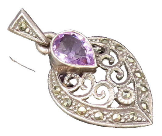 925 Silver  Vintage Inlaid Amethyst & Marcasite Open Swirl Pendant  PT20999