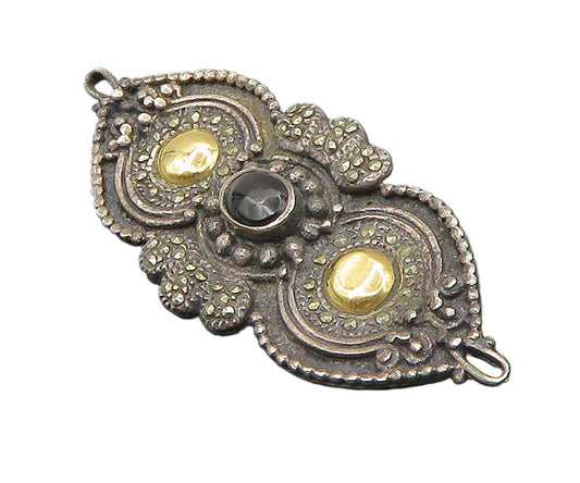 925 Silver & 18K GOLD  Vintage Black Onyx & Marcasite 2 Tone Brooch Pin BP8975