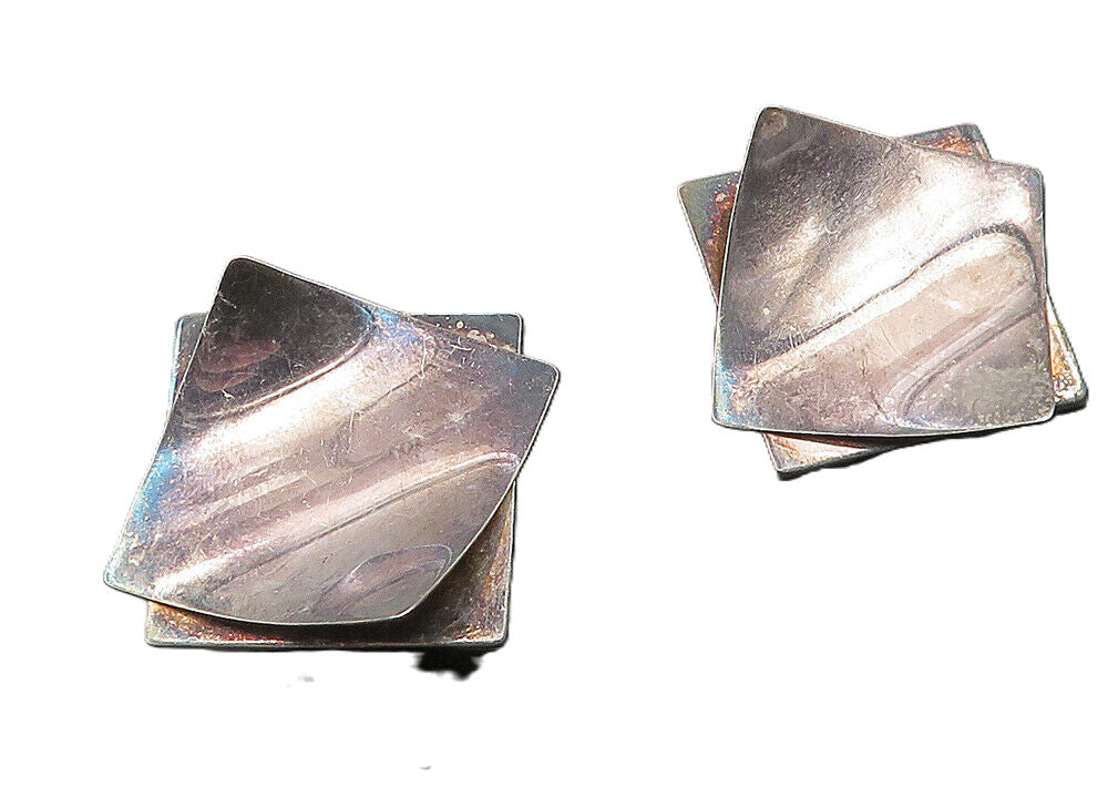 925 Sterling Silver  Vintage Modernist Oxidized Square Drop Earrings  EG5578