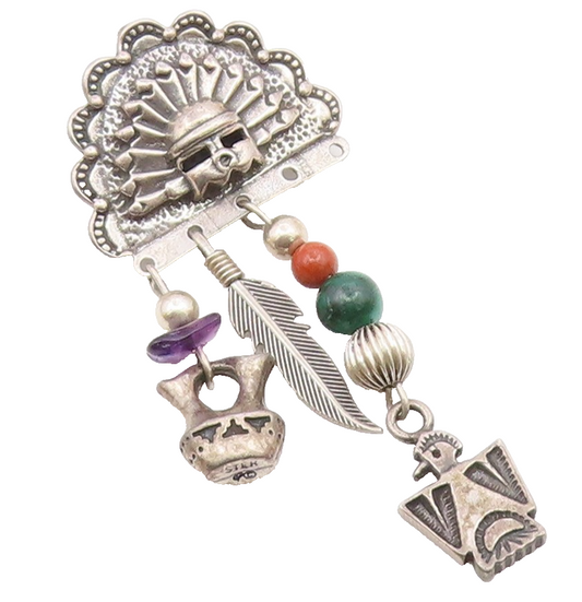 SOUTHWESTERN 925 Silver Vintage Malachite & Coral Beaded Brooch Pin BP8241