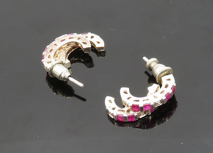 925 Sterling Silver  Vintage Genuine Diamonds & Ruby JHoop Earrings  EG9860